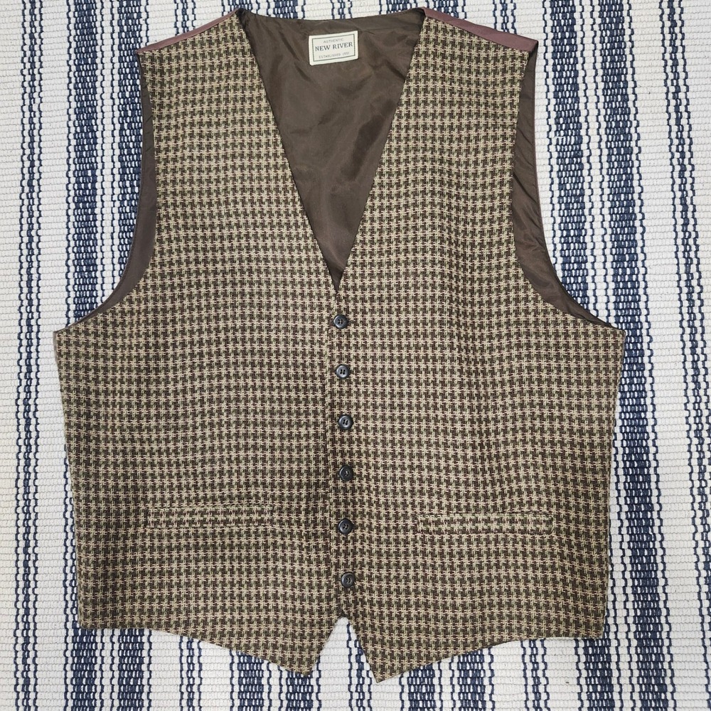 Authentic New River Mens Brown Houndstooth Wool Blend Waistcoat Vest XL
